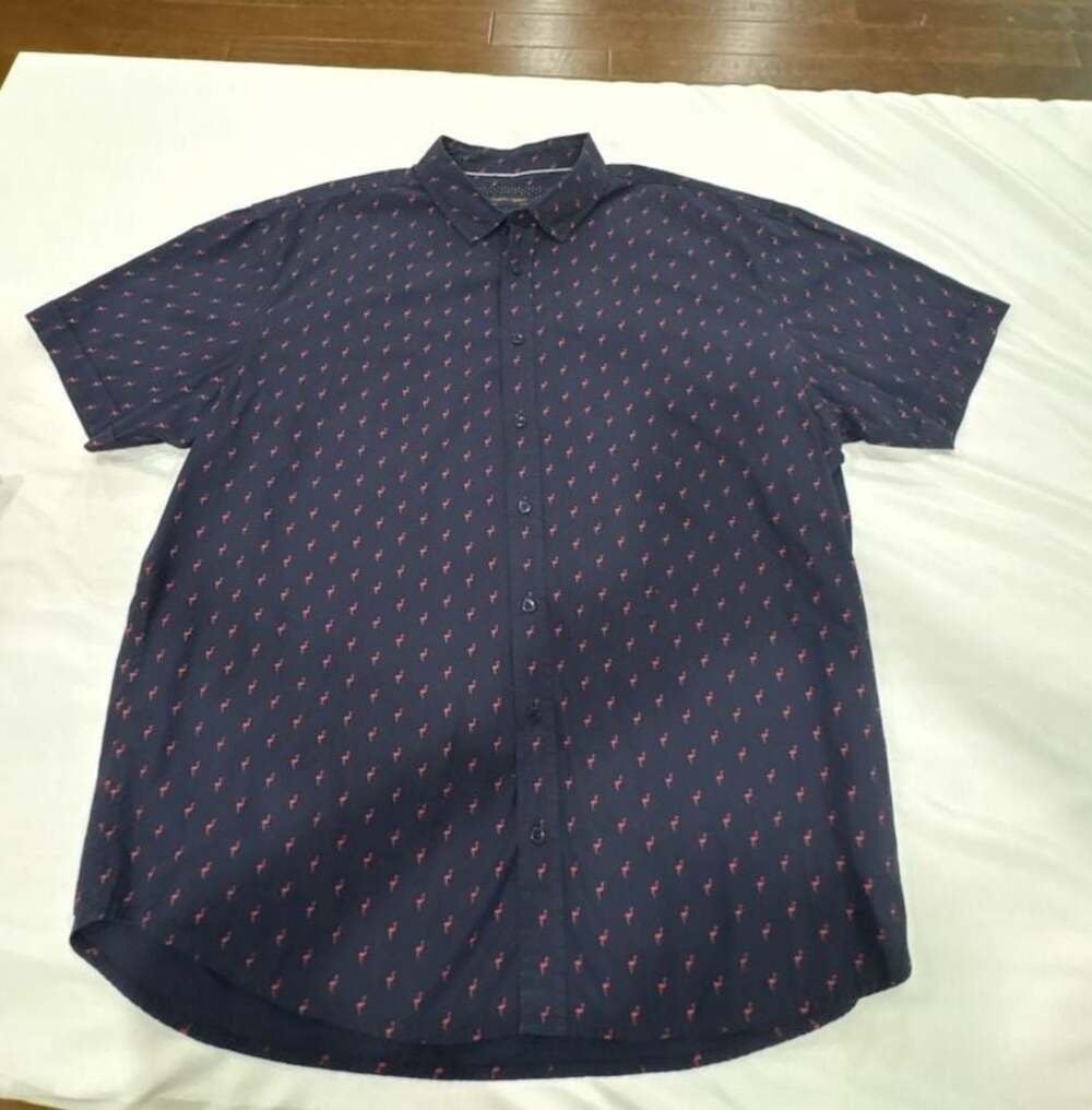 Gentlemen's Outfitters Navy Blue Short Sleeve Shirt with Pink Flamingo Print